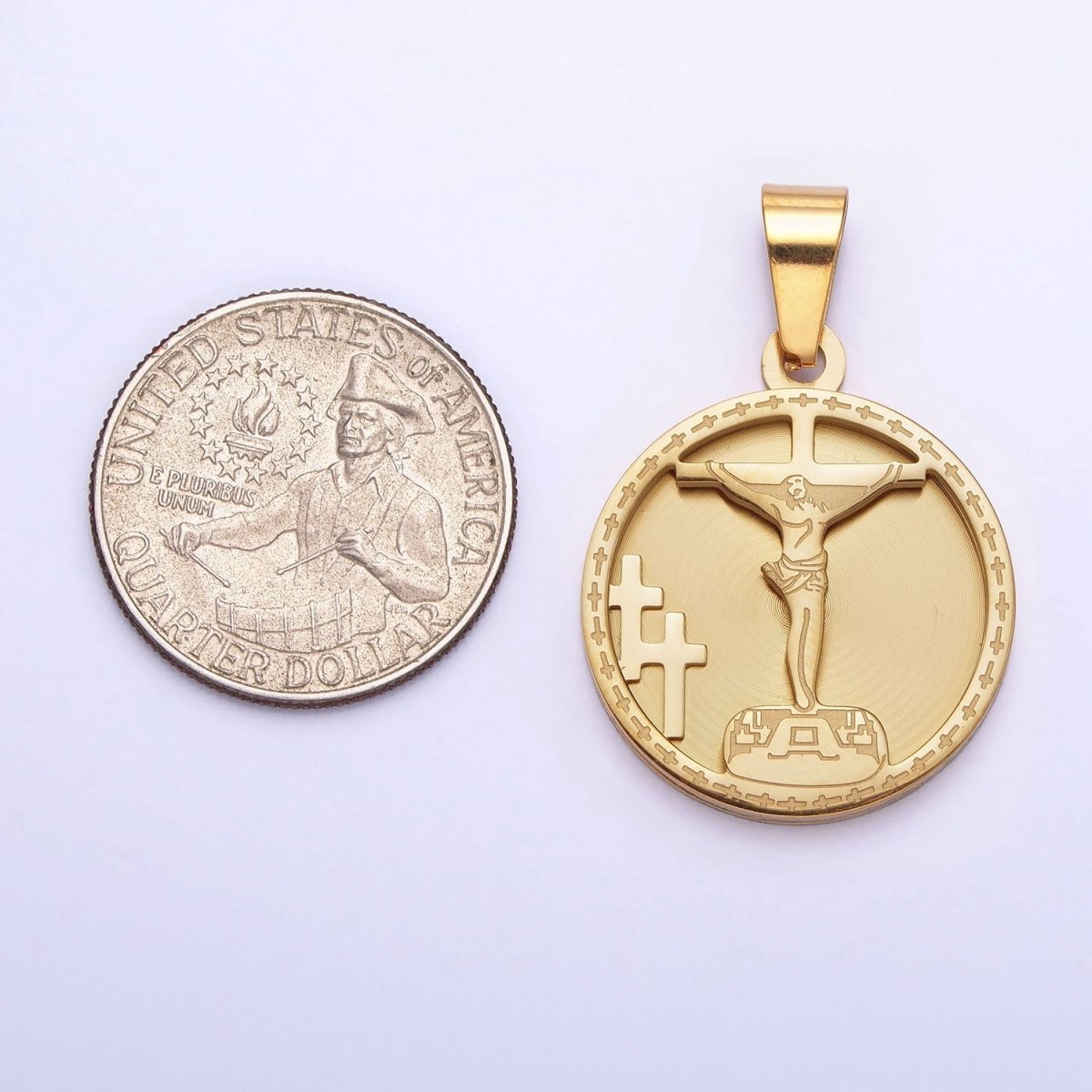 Medallion Gold Charm Stainless Steel Crucifix Cross Pendant in Gold Silver for Statement Religious Jewelry Making | P-1165