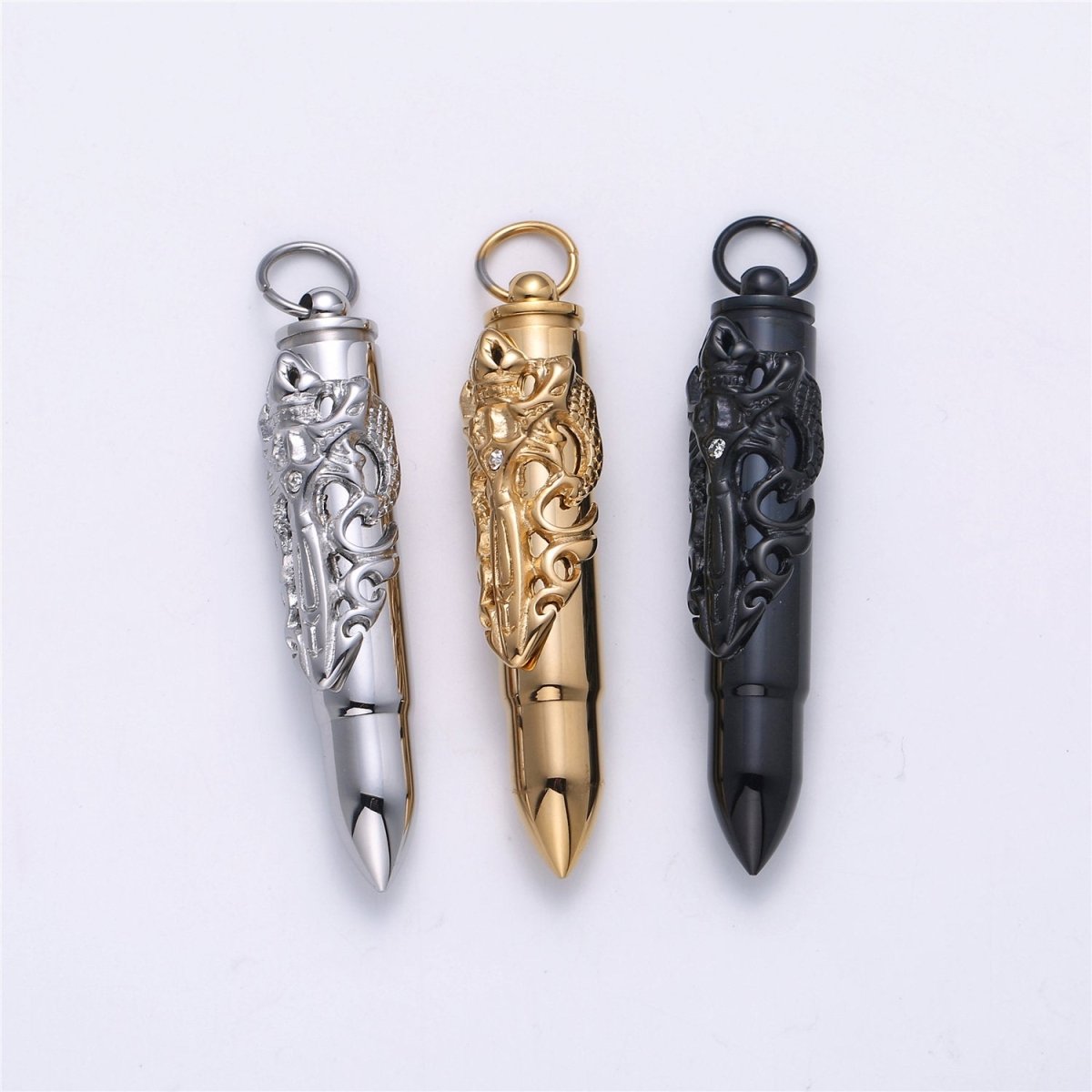 Mens Stainless Steel Dragon Bullet Pendant Necklaces Urn Ashes Necklace Supply for Cremation Memorial Keepsakes in Black Silver Gold Bullet E-662 E-693 E-694
