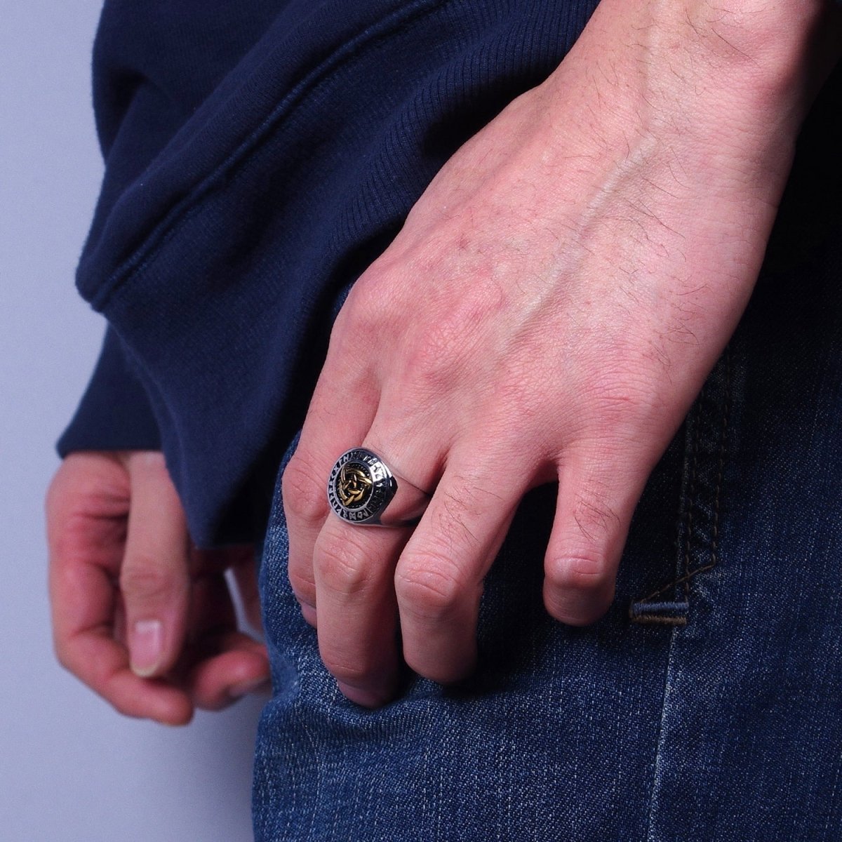 Men's Stainless Steel Valknut Rune Norse Celtic Triquetra Knot Signet Ring in Mixed Metal & Silver | O-1849 O-1850 O-1851 O-1852