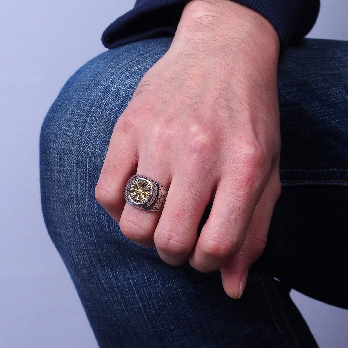 Men's Stainless Steel Vegvisir Icelandic Norse Compass Protection Signet Ring | O-1839 O-1840