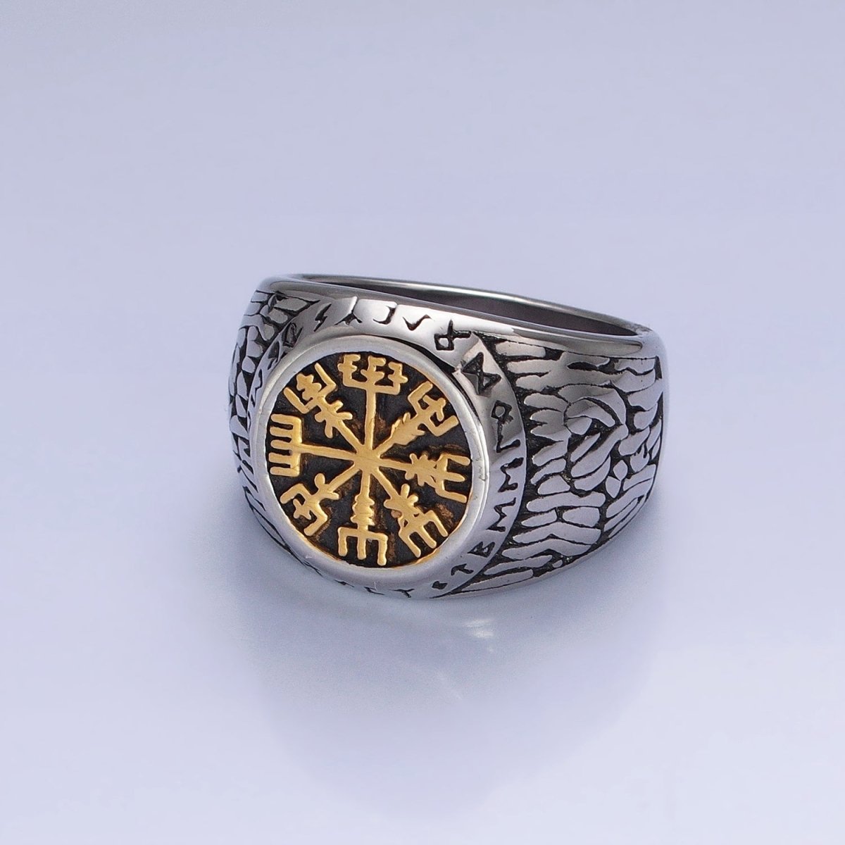 Men's Stainless Steel Vegvisir Icelandic Norse Compass Protection Signet Ring | O-1839 O-1840