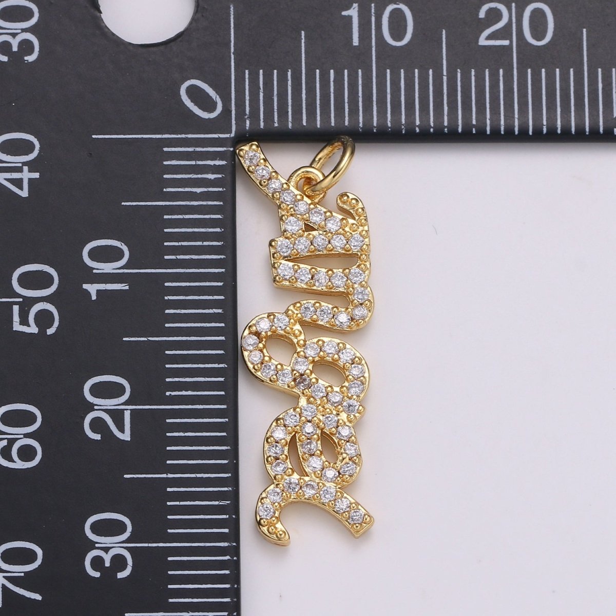 14K Gold Filled "Angel" Micro Paved CZ Cursive Script Charm | C403