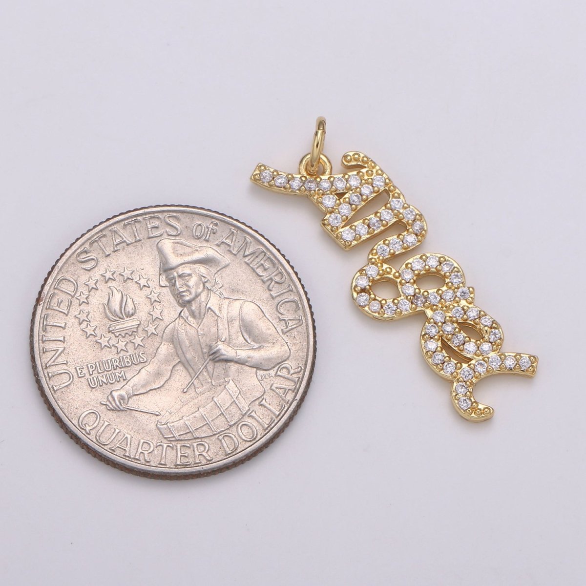 14K Gold Filled "Angel" Micro Paved CZ Cursive Script Charm | C403