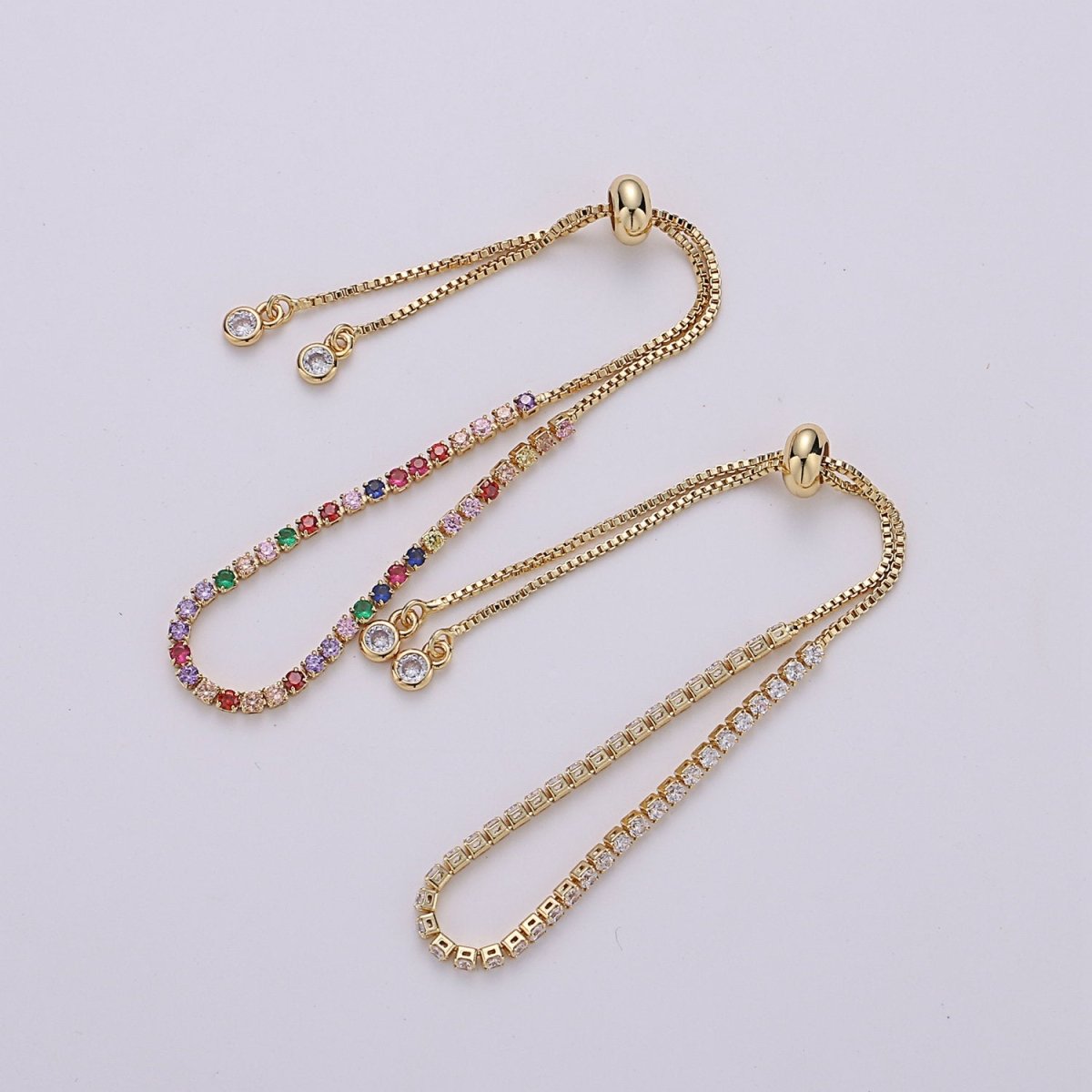 Micro Pave Adjustable Bracelet, Rainbow Clear CZ Cubic Bracelet Gold tennis bracelet in 14k Gold Filled Chain | K-546 K-547
