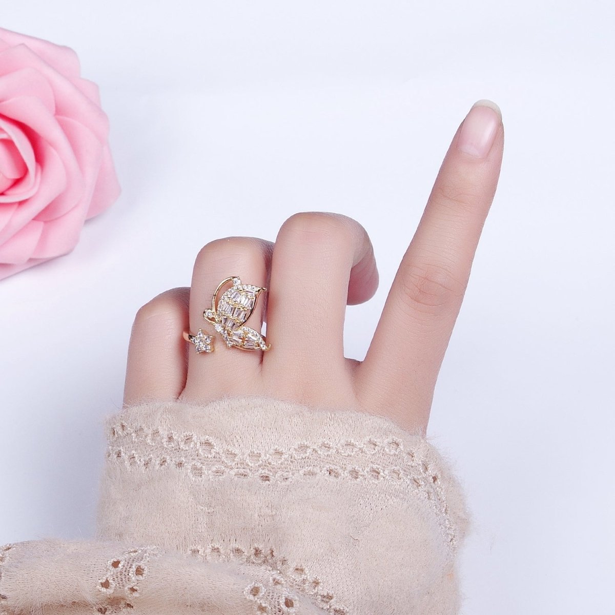 Micro Pave Butterfly Rings, Designer Baguette Mariposa Ring Open Adjustable R-099 R-117