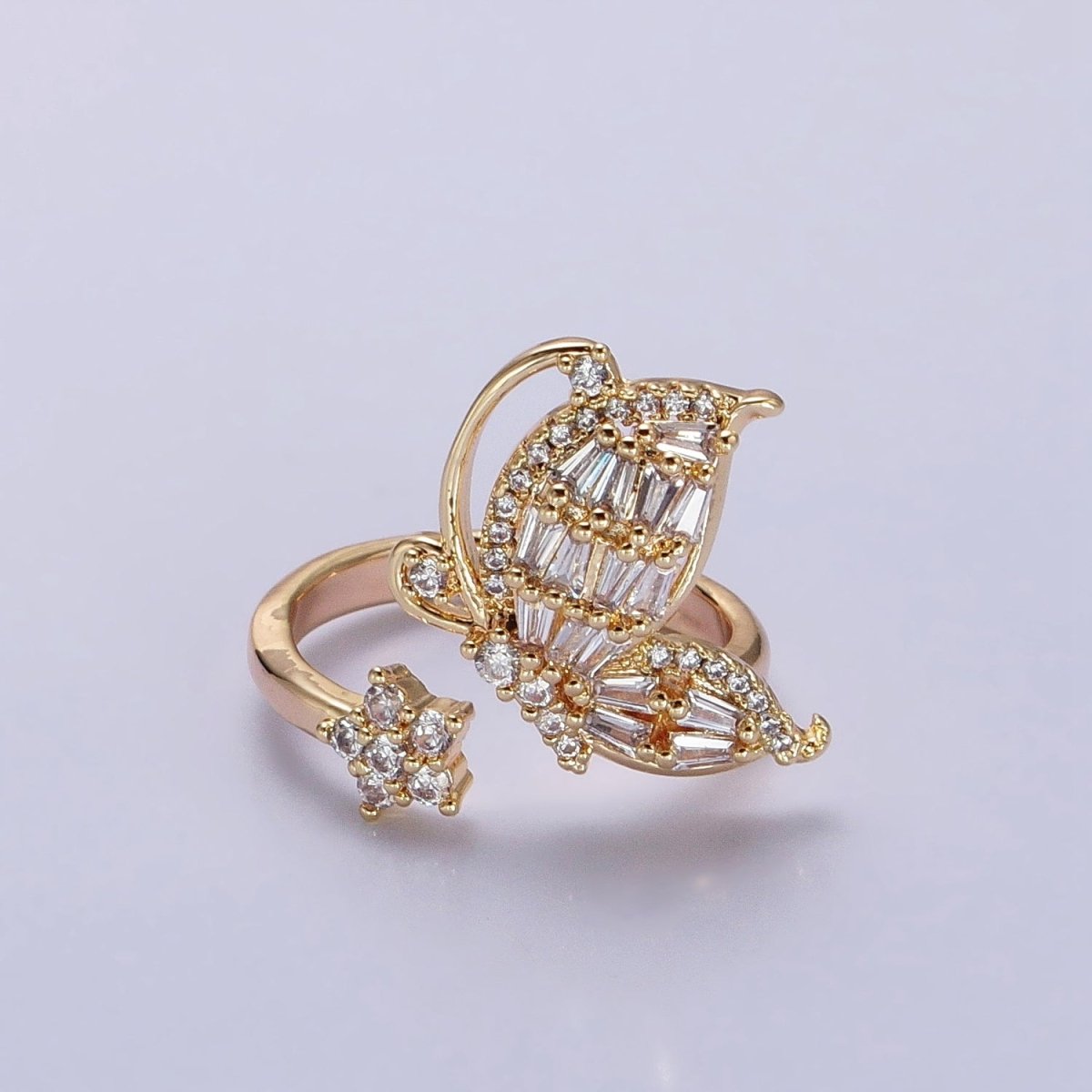 Micro Pave Butterfly Rings, Designer Baguette Mariposa Ring Open Adjustable R-099 R-117