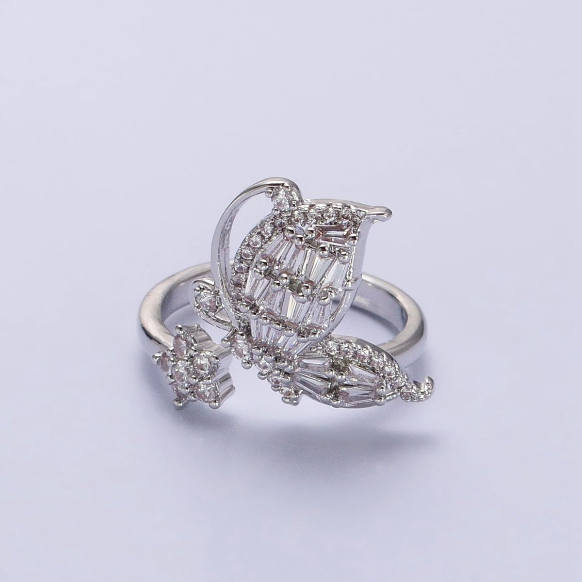 Micro Pave Butterfly Rings, Designer Baguette Mariposa Ring Open Adjustable R-099 R-117