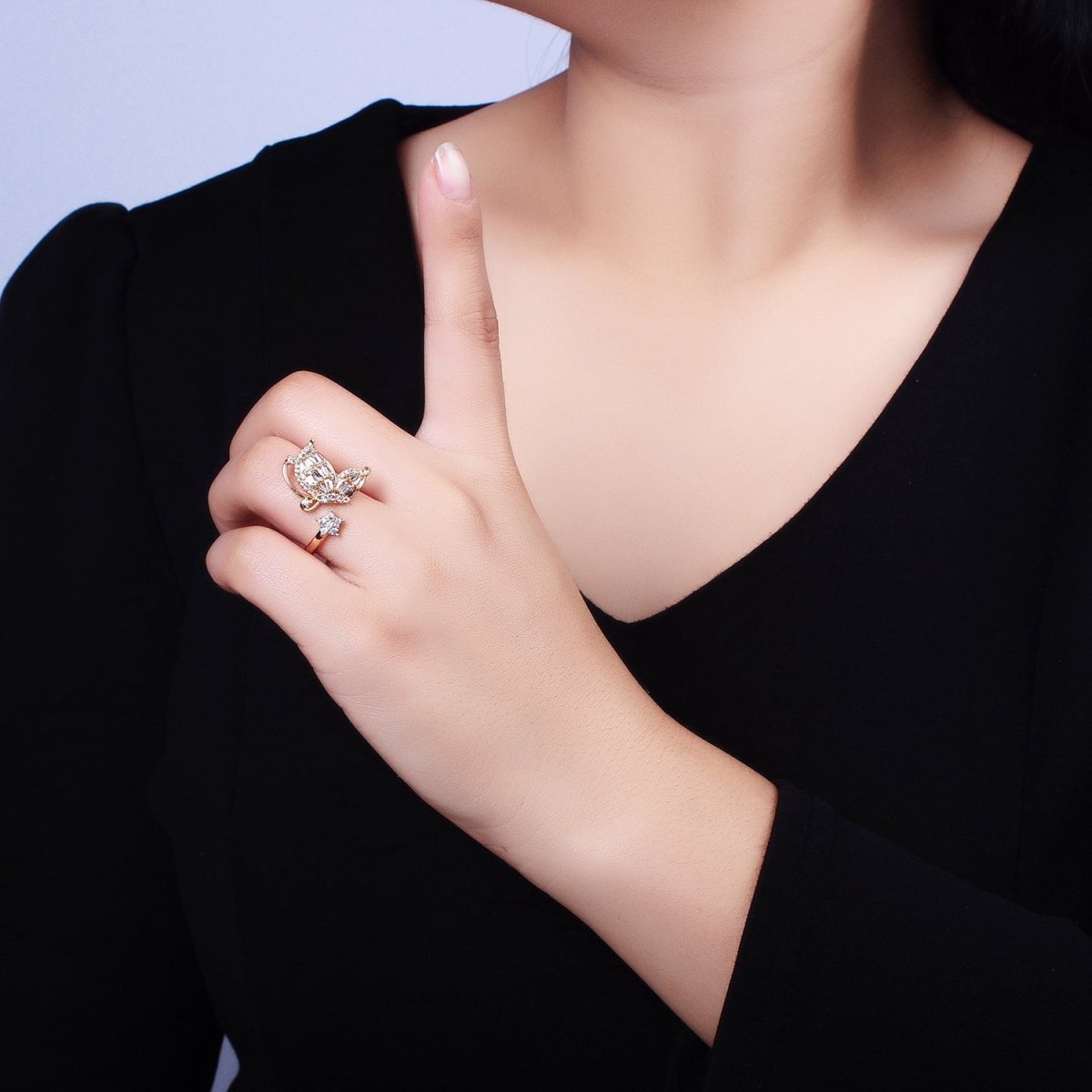 Micro Pave Butterfly Rings, Designer Baguette Mariposa Ring Open Adjustable R-099 R-117