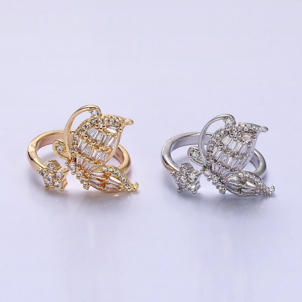 Micro Pave Butterfly Rings, Designer Baguette Mariposa Ring Open Adjustable R-099 R-117