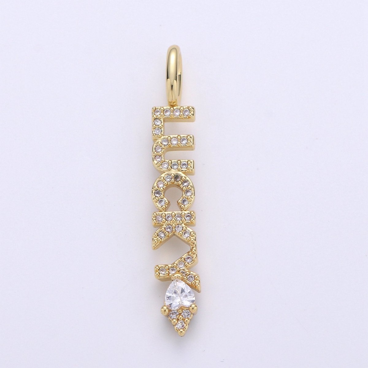 Micro Pave Charm 14k Gold Filled Lucky Pendant Statement Charm Wording charm, Positive Word Jewelry Making Supply, 35x6mm, D-103