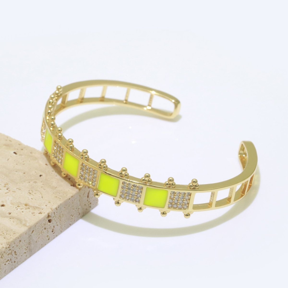 Micro Pave Checker Cuff Bracelet, 14K Gold Filled Bangle Enamel Bracelet Adjustable Bracelet | WA-163 to WA-172 Clearance Pricing