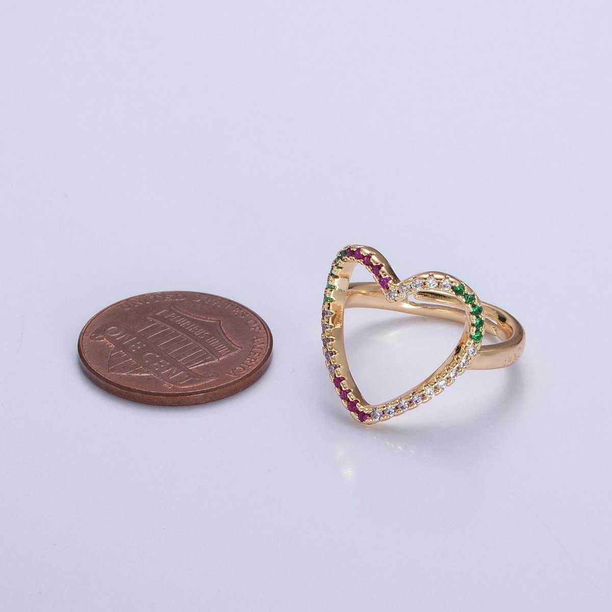 Micro Pave Clear Fuchsia Green Cubic Zirconia Heart Adjustable Gold Ring | O-479 - DLUXCA
