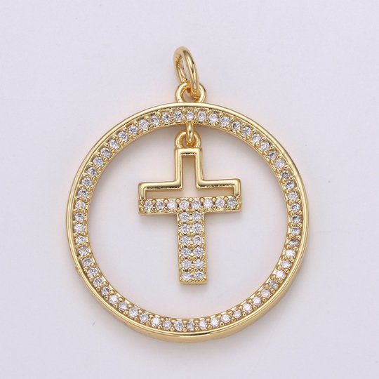 Micro Pave Cross Charm Coin Charm - 29x23mm, 14K Gold Filled CZ Dangle Charm Pendant, Cubic Zirconia, Gold Cross Pendant, Religious Jewelry, E-158 - DLUXCA