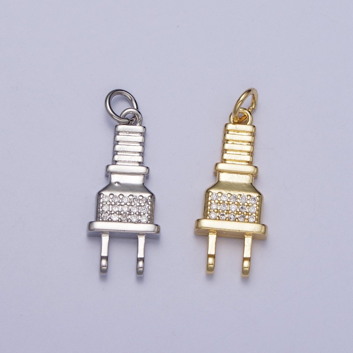 Micro Pave Cubic Zirconia Electric Two Prong Power Cord Plug Charm For Jewelry Making in Gold & Silver AG-131 AG-132