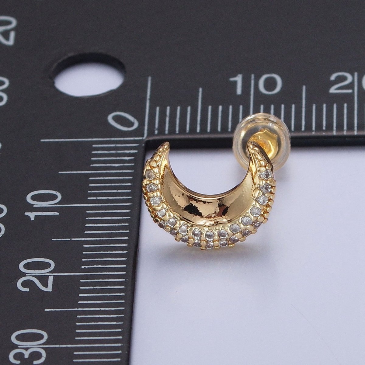 Micro Pave Cubic Zirconia Gold Celestial Crescent Moon Stud Earrings P-326 - DLUXCA