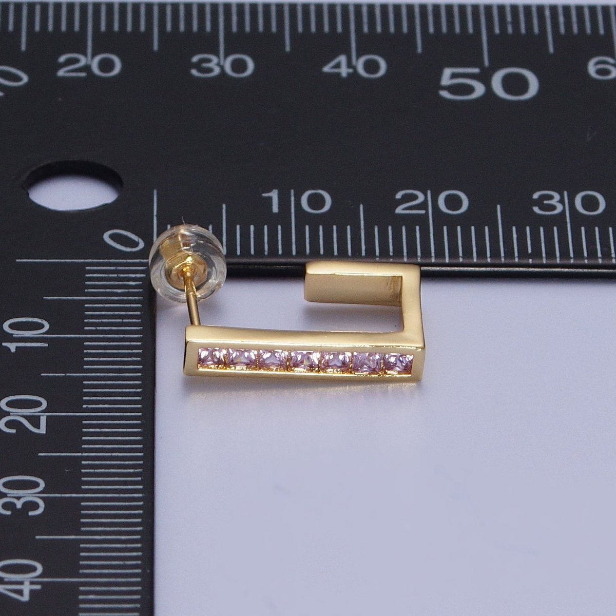 Micro Pave Cubic Zirconia Gold J Shaped Block Square Hoop Stud Earrings | AD-520~AD-527