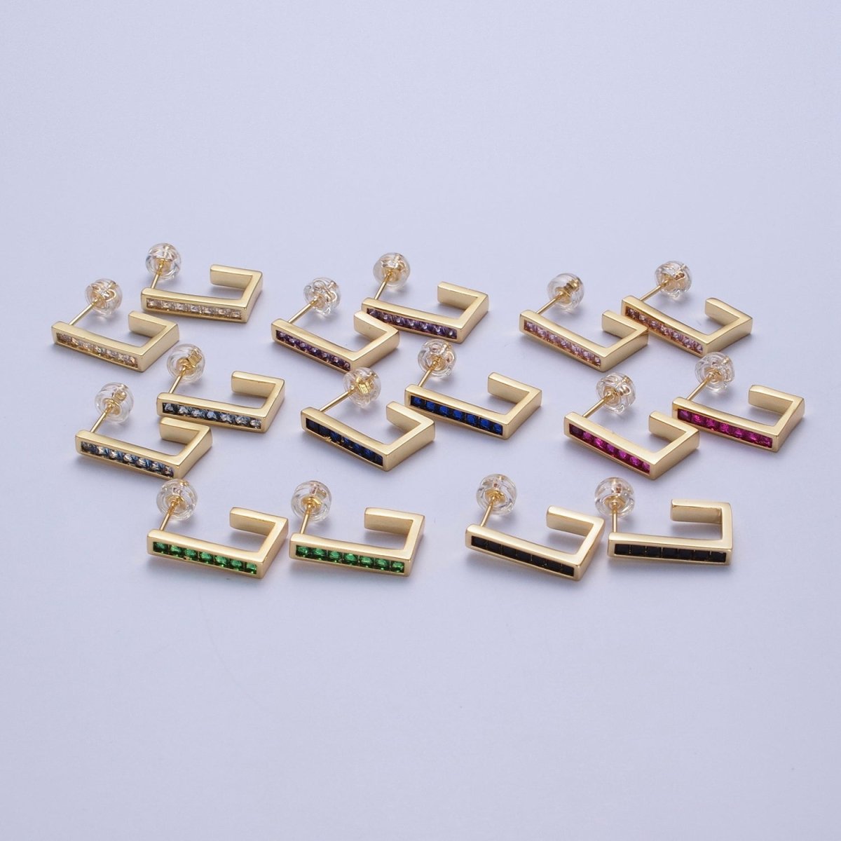 Micro Pave Cubic Zirconia Gold J Shaped Block Square Hoop Stud Earrings | AD-520~AD-527