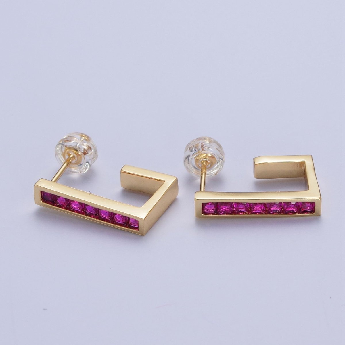 Micro Pave Cubic Zirconia Gold J Shaped Block Square Hoop Stud Earrings | AD-520~AD-527