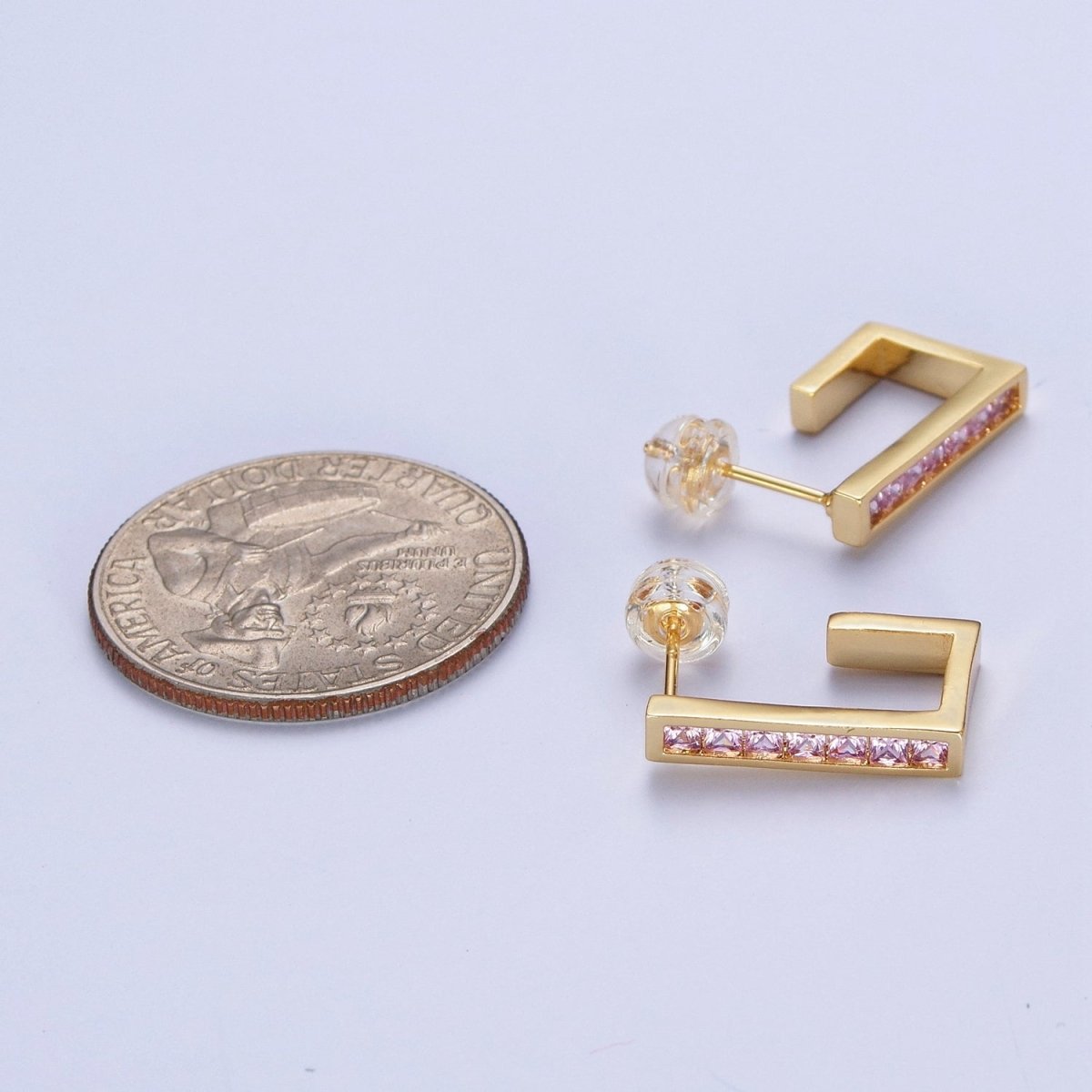 Micro Pave Cubic Zirconia Gold J Shaped Block Square Hoop Stud Earrings | AD-520~AD-527