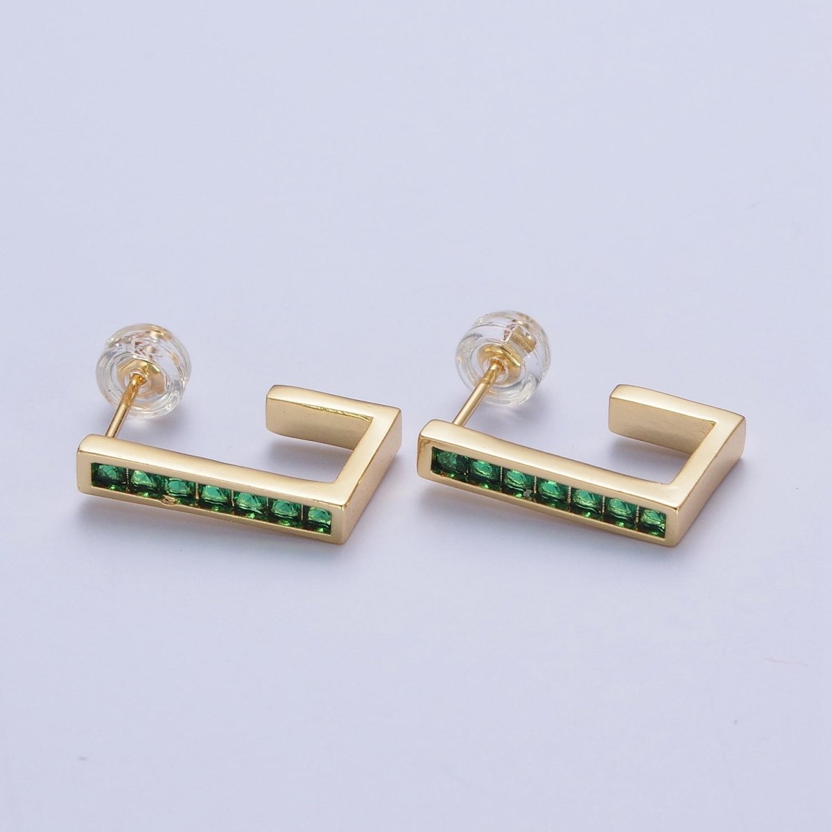 Micro Pave Cubic Zirconia Gold J Shaped Block Square Hoop Stud Earrings | AD-520~AD-527