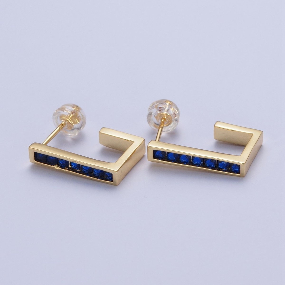 Micro Pave Cubic Zirconia Gold J Shaped Block Square Hoop Stud Earrings | AD-520~AD-527