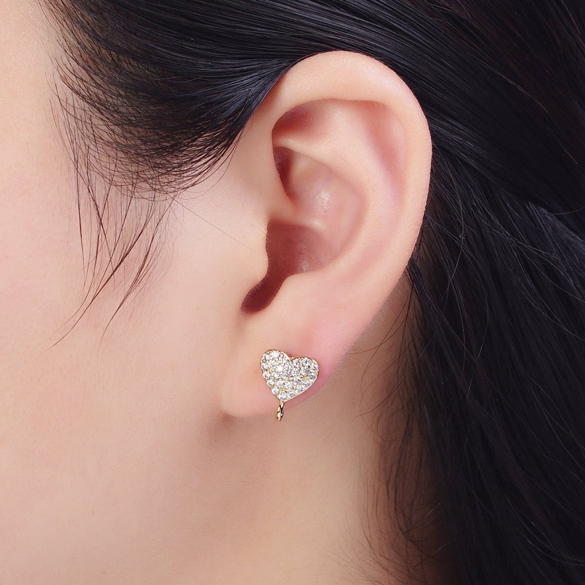 Micro Pave Cubic Zirconia Heart Stud Earrings with Open Loop Link, Valentine Love Component For Earrings Making L-872 - DLUXCA