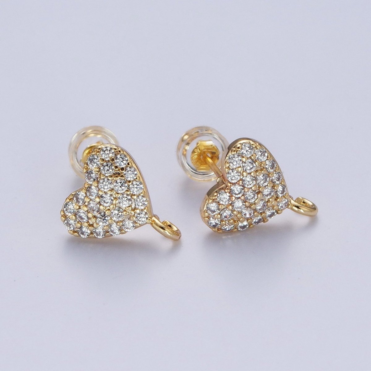 Micro Pave Cubic Zirconia Heart Stud Earrings with Open Loop Link, Valentine Love Component For Earrings Making L-872 - DLUXCA