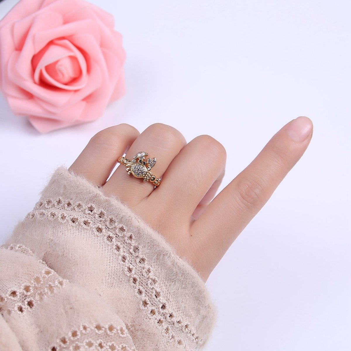Micro Pave Cute Crab Ring, Heart Textured Gold Adjustable Band Ring, 24K Gold Filled Nature Ocean Wildlife Under The Sea Ring U-440 - DLUXCA