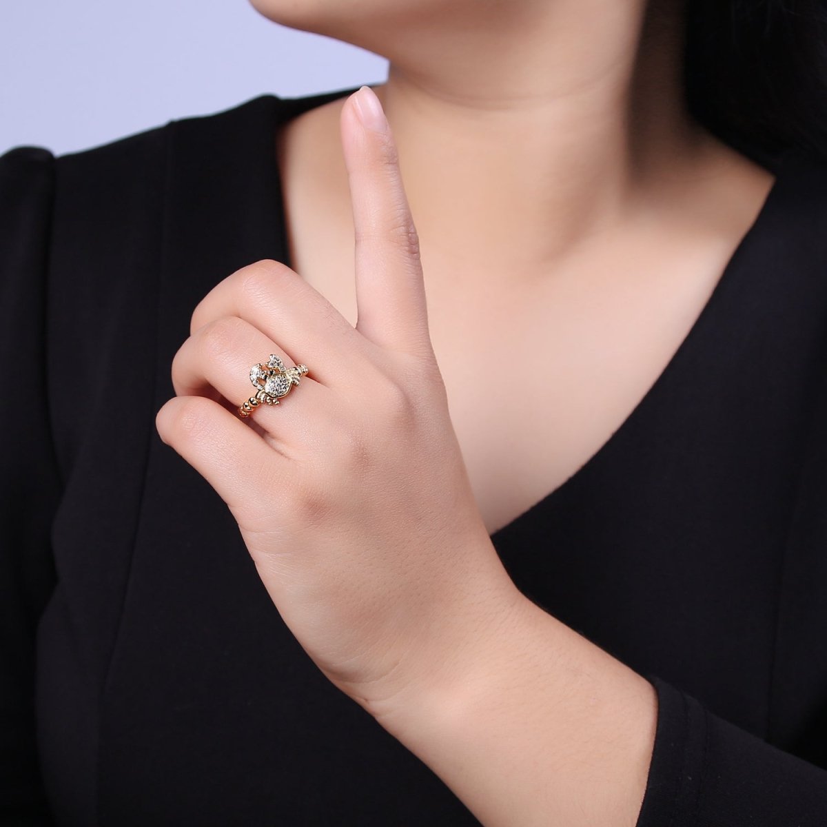 Micro Pave Cute Crab Ring, Heart Textured Gold Adjustable Band Ring, 24K Gold Filled Nature Ocean Wildlife Under The Sea Ring U-440 - DLUXCA