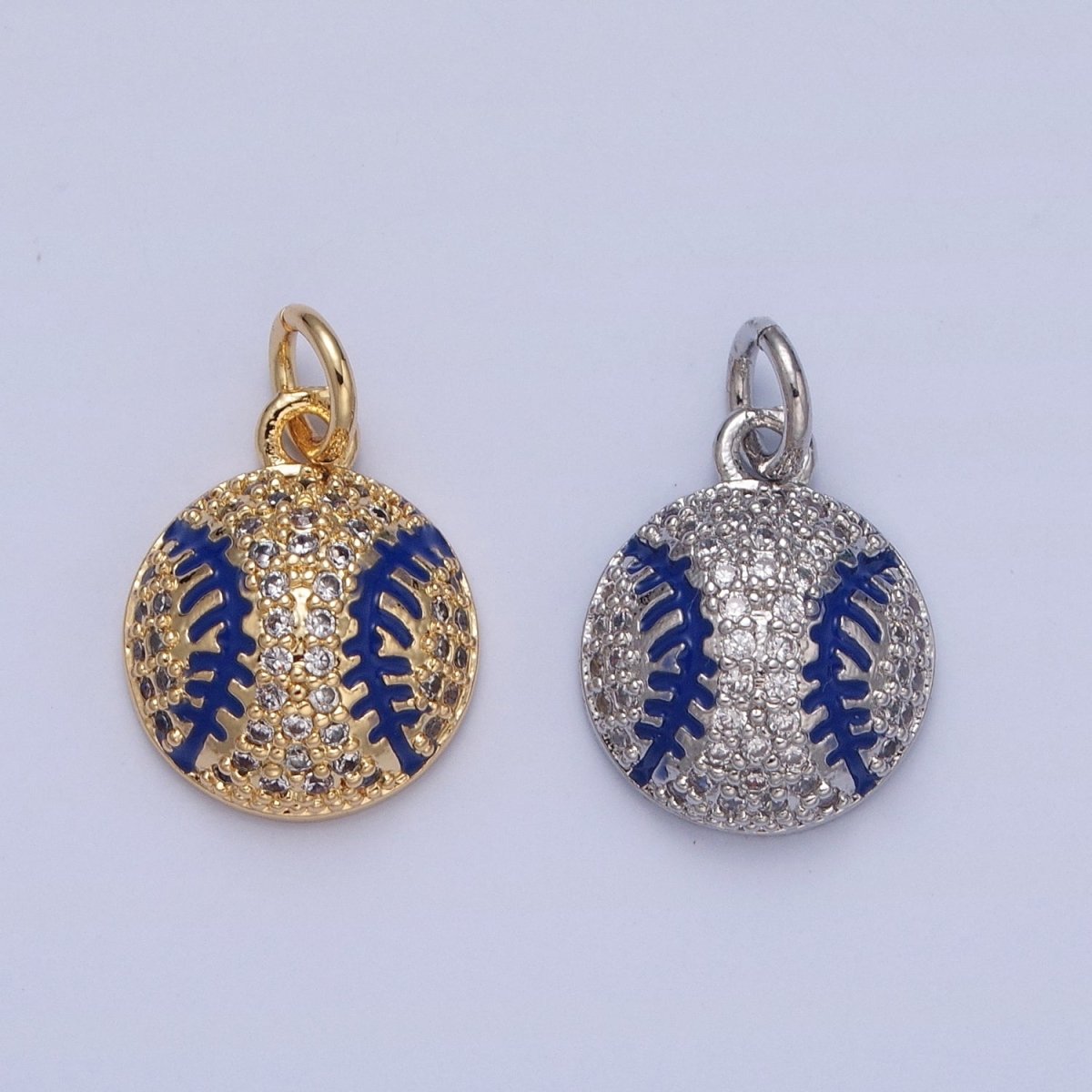 Micro Pave CZ Baseball Charm, Clear Cubic Zirconia with Blue Enamel Stripe Ball | X-065 X-066