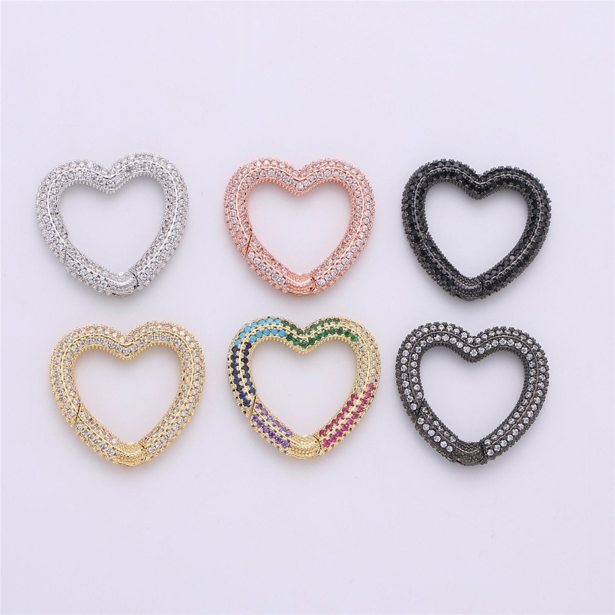Micro Pave Diamond Heart w/ Screw Mechanism Clasp, Gold Silver Black Rose Gold Carabiner Snap Lock Supply for heavier chain connector L-256 L-257 K-366 - K-368