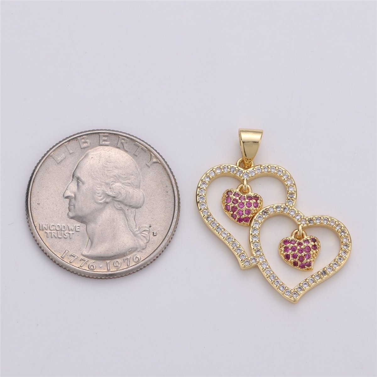 Micro Pave Double Heart Pendant Cubic Twin Heart Charm 14k Gold Filled linked Heart Charm Earrings Necklace Component I-588 - DLUXCA