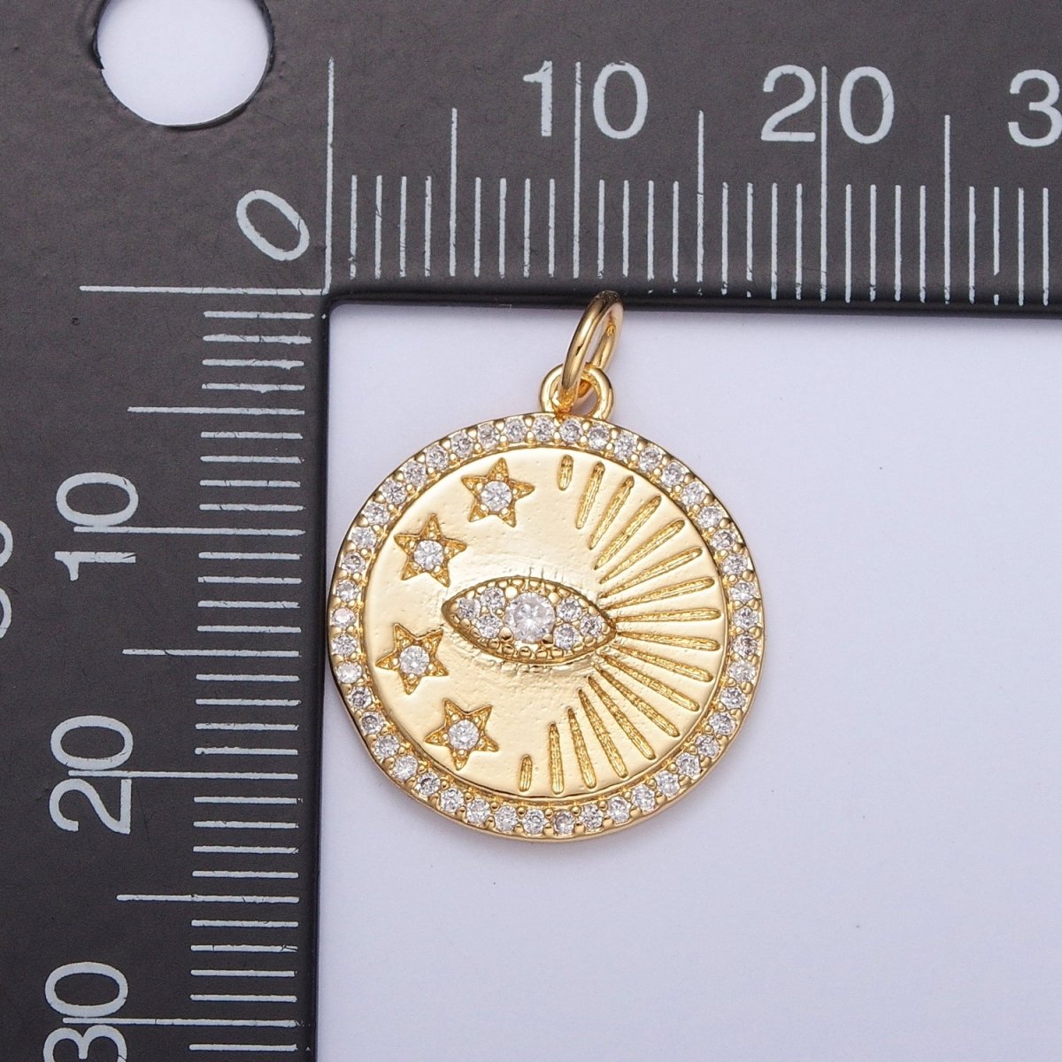 Micro Pave Evil Eye Protection Charm, Celestial Crescent Moon & Star Medallion | X-113