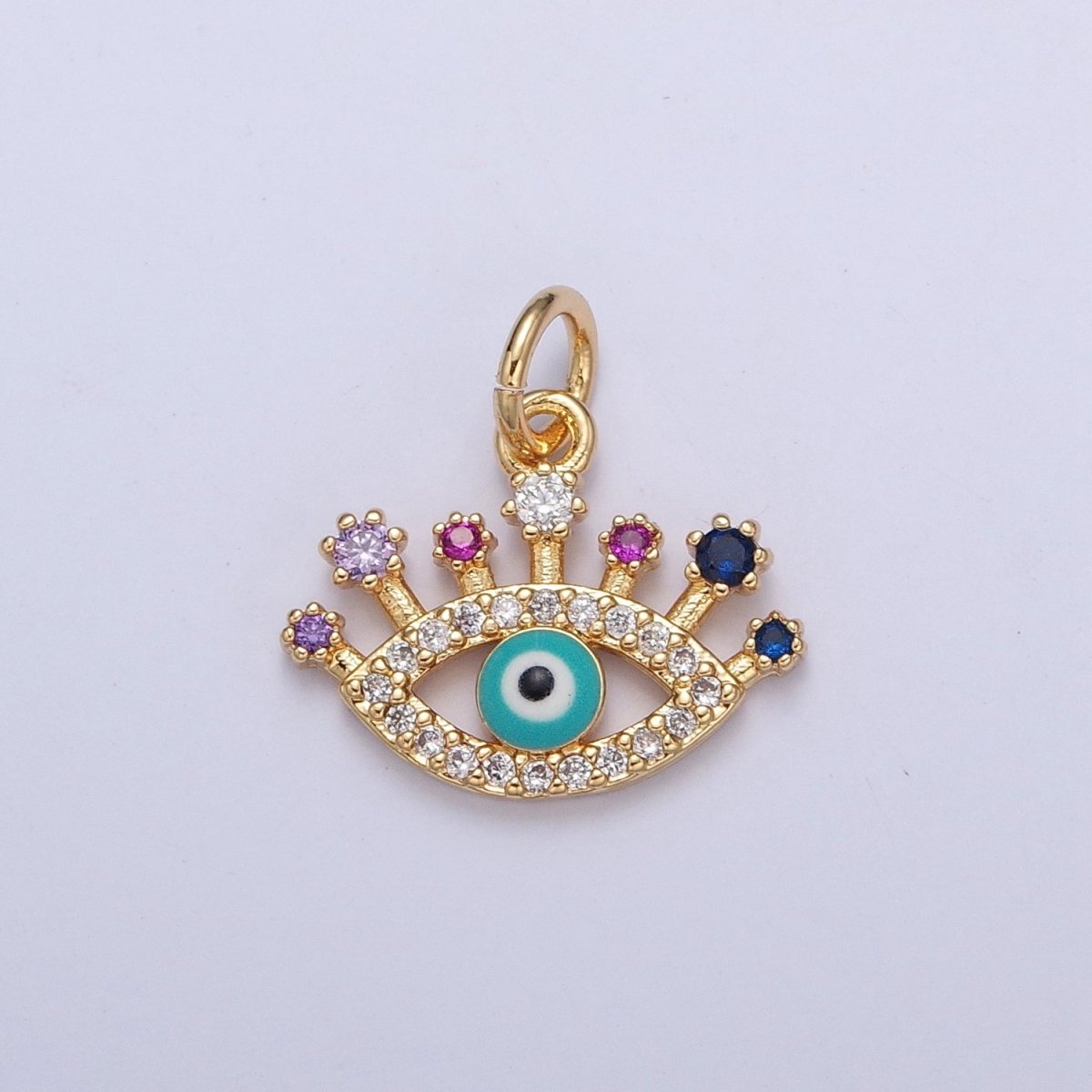 Micro Pave Evil Eye Protection Charm, Teal Enamel Evil Eye with Cubic Zirconia CZ For Jewelry Making, X-117