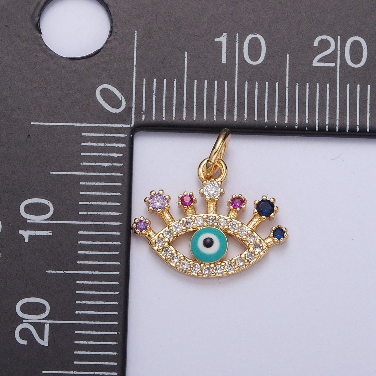 Micro Pave Evil Eye Protection Charm, Teal Enamel Evil Eye with Cubic Zirconia CZ For Jewelry Making, X-117