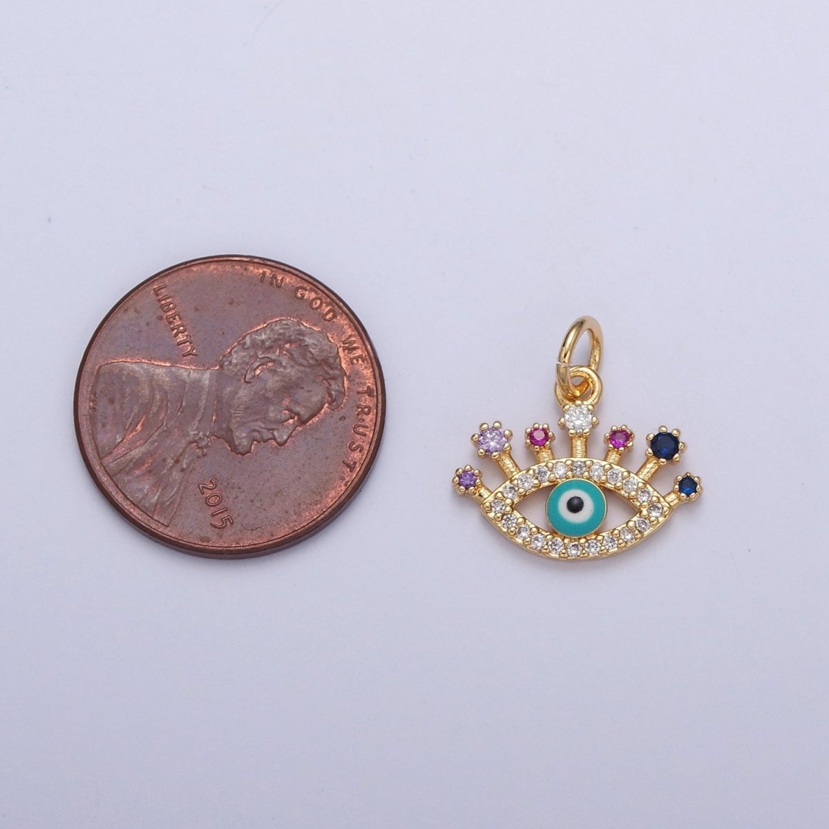 Micro Pave Evil Eye Protection Charm, Teal Enamel Evil Eye with Cubic Zirconia CZ For Jewelry Making, X-117