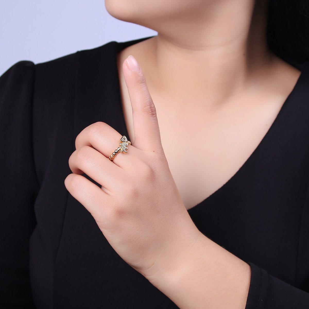 Micro Pave Fish Bone Ring, Heart Textured Gold Adjustable Band Ring, 24K Gold Filled Nature Ocean Wildlife Under The Sea Ring U-438 - DLUXCA