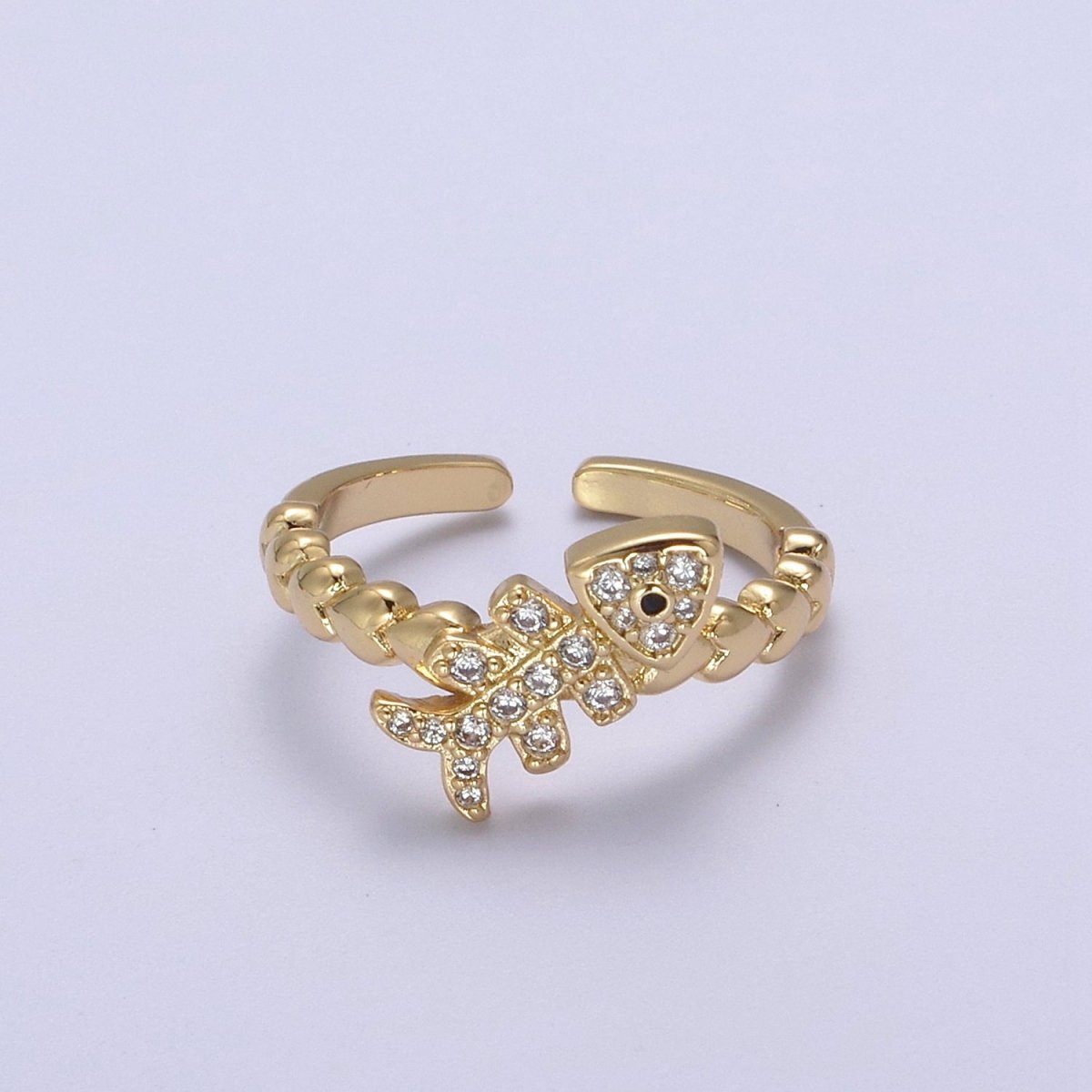 Micro Pave Fish Bone Ring, Heart Textured Gold Adjustable Band Ring, 24K Gold Filled Nature Ocean Wildlife Under The Sea Ring U-438 - DLUXCA