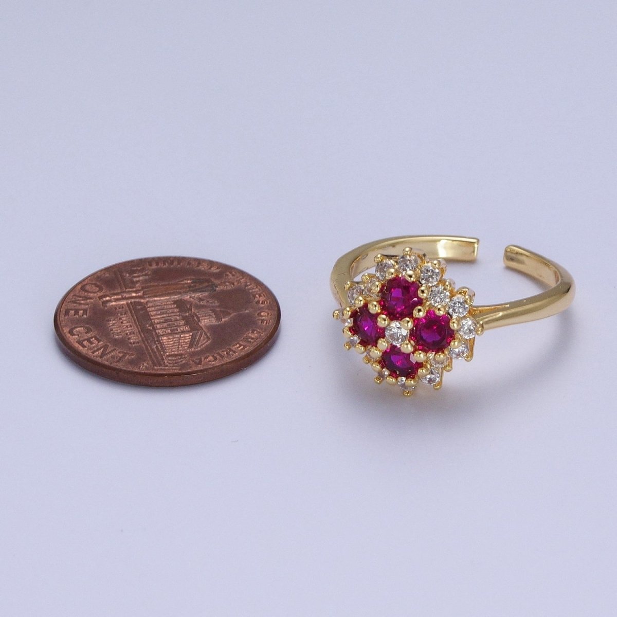 Micro Pave Four Fuchsia Cubic Zirconia Flower Adjustable Gold Ring S-221 - DLUXCA