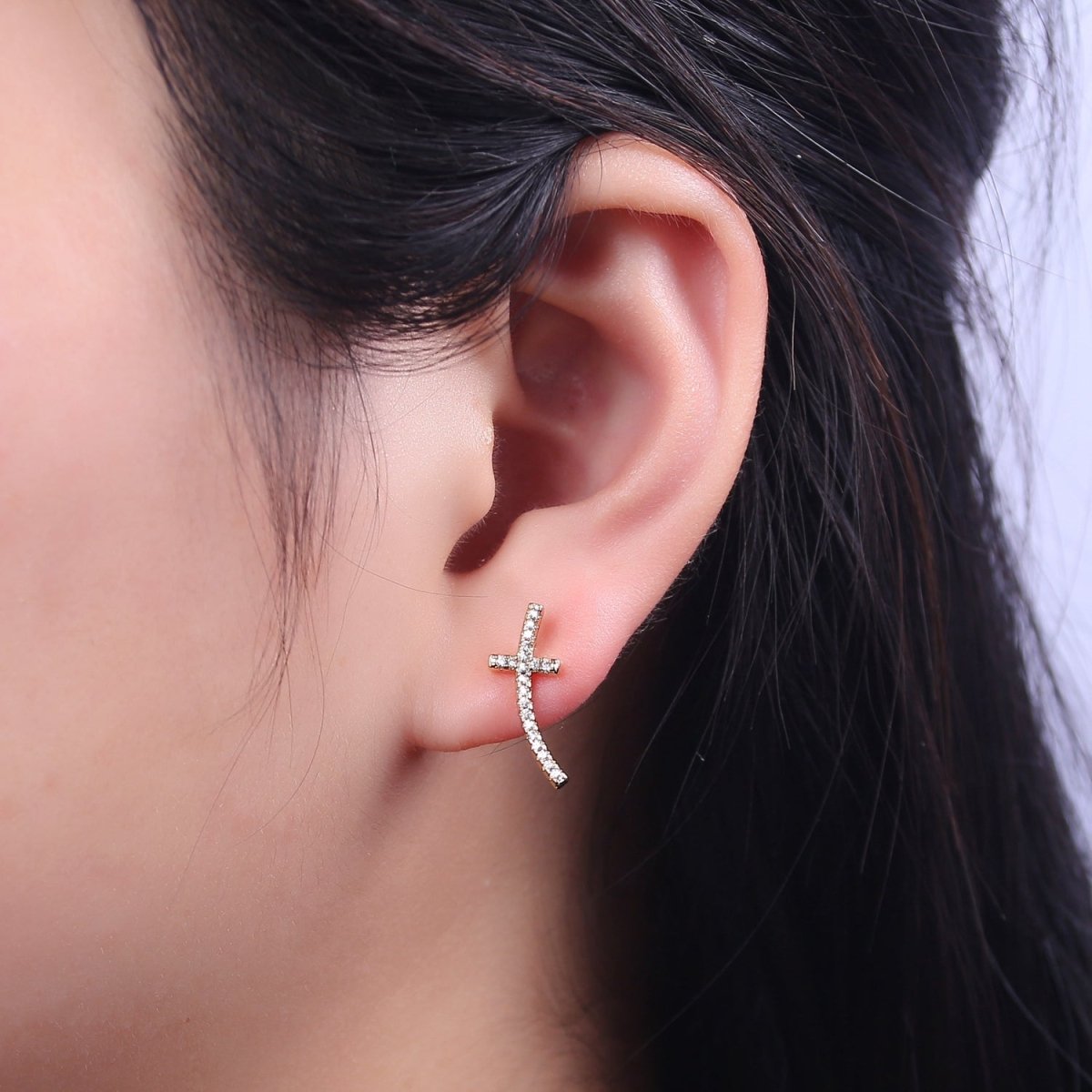 Micro Pave Gold Cross Stud Earring T-293 - DLUXCA