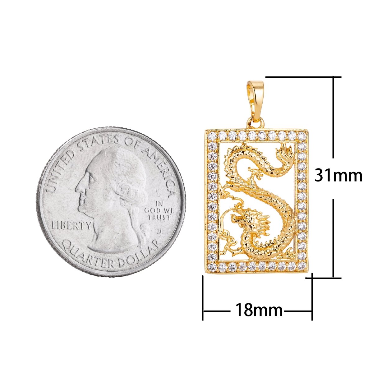 OS Micro Pave Gold Dragon Frame Majestic, Fairy Tale Mythical Creature tablet Necklace Pendant Charm for Jewelry Making H-633