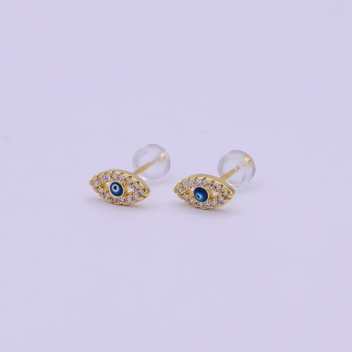 Micro Pave Gold Evil Eye Stud Earring Dainty Talisman Amulet Earring T-282 - DLUXCA