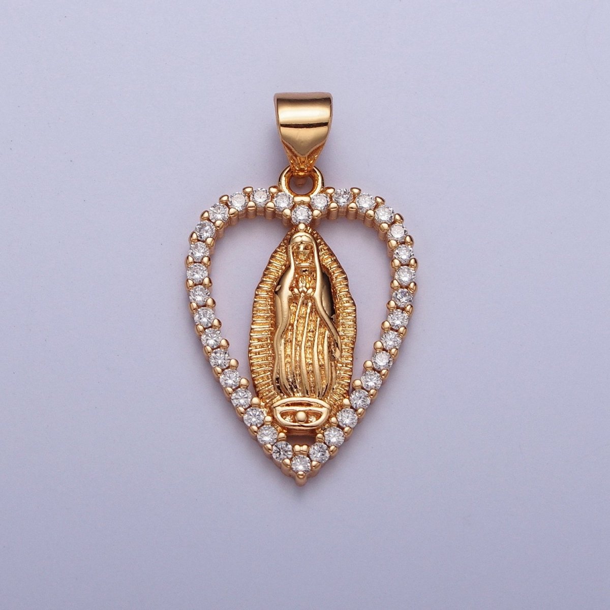 Micro Pave Gold Heart Medallion Lady Guadalupe Pendant Virgin Mary Charm for Catholic Religious Jewelry Making - DLUXCA