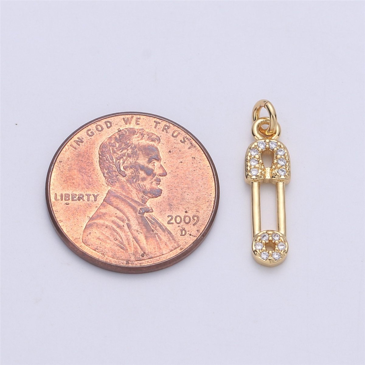 Micro Pave Gold Safety pin charm 1 piece, 20x5mm 14k gold plated brass, Nickel free, Cubic zirconia, Dainty charm C-922