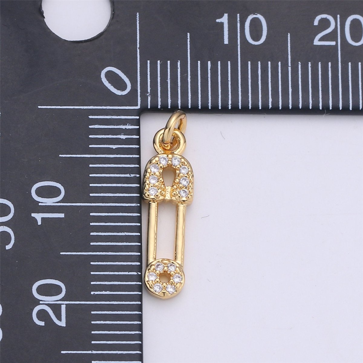 Micro Pave Gold Safety pin charm 1 piece, 20x5mm 14k gold plated brass, Nickel free, Cubic zirconia, Dainty charm C-922