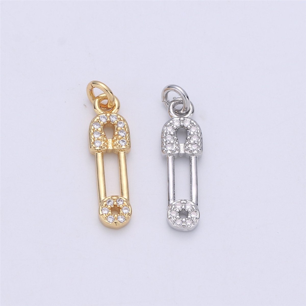 Micro Pave Gold Safety pin charm 1 piece, 20x5mm 14k gold plated brass, Nickel free, Cubic zirconia, Dainty charm C-922