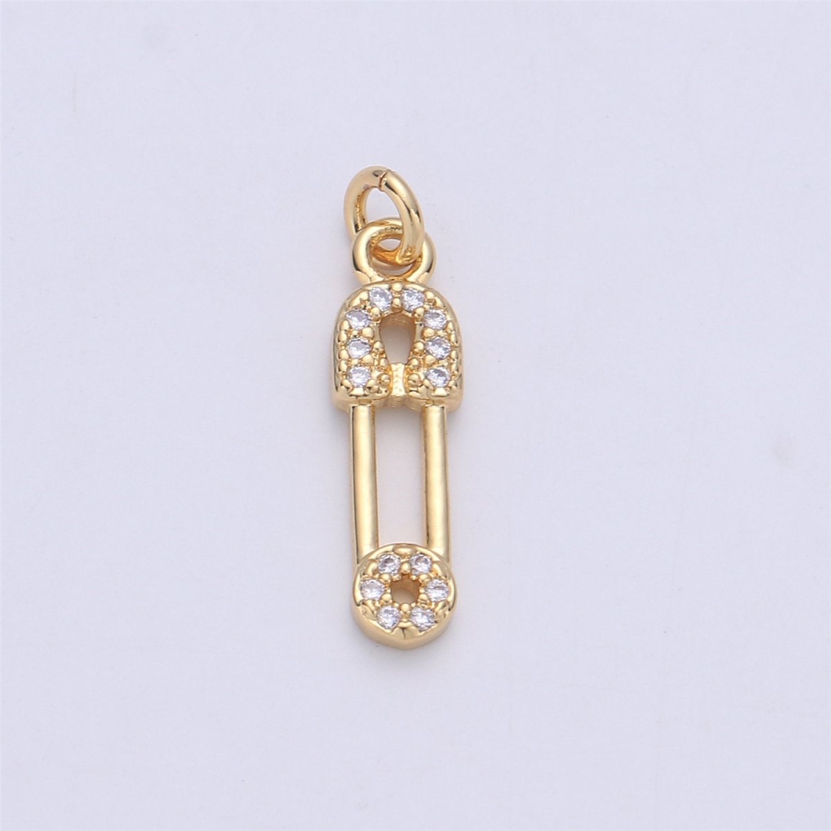 Micro Pave Gold Safety pin charm 1 piece, 20x5mm 14k gold plated brass, Nickel free, Cubic zirconia, Dainty charm C-922
