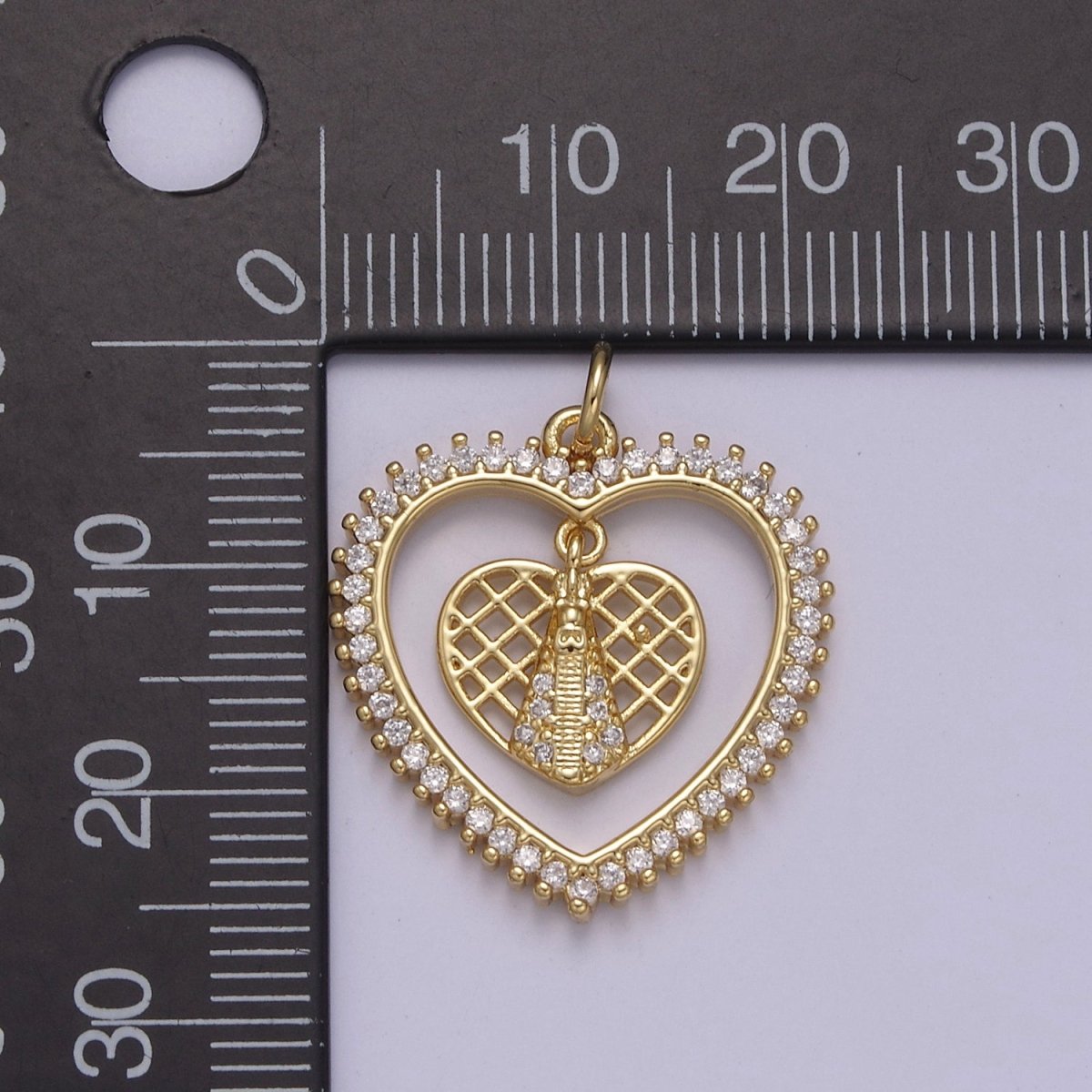 Micro Pave Heart Charm Dangle Dual CZ Heart in 14k Gold Filled N-918 - DLUXCA