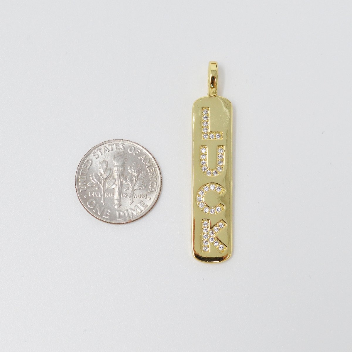 Micro Pave Luck Word Charm Rectangle in 14k Gold Filled Drop Pendant Long Encouragin Word Girl Charm for Necklace Earring Component, J-278