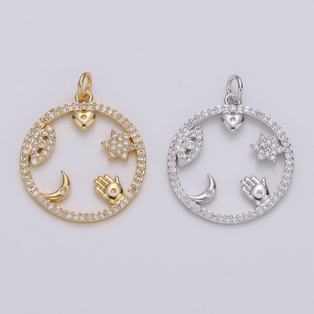 Micro Pave Medallion lucky Charm ,Gold medallion, Cubic ucky charm,Medallion pendant,Heart, Moon, Star luck, Evil eye Cz medallion Charm D-444 D-445